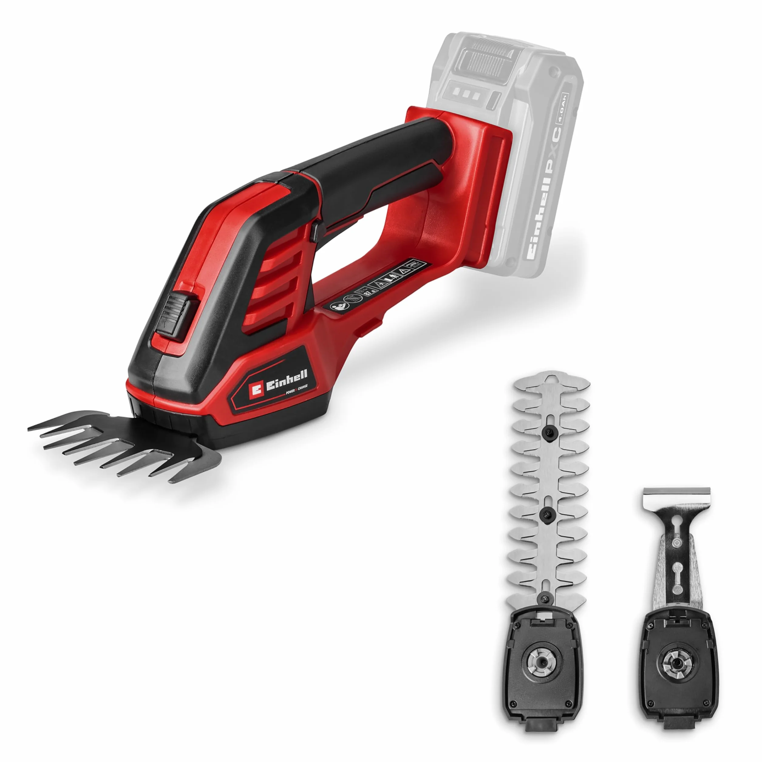 Einhell Tijeras de Hierba/arbustos con batería GE-CG 18/100 Li - 3 en 1-Solo Power X-Change (18 V, Incl. Cuchillas de Hierba 100 mm, de arbustos de 200 mm, Accesorio para rastrillo, sin batería)