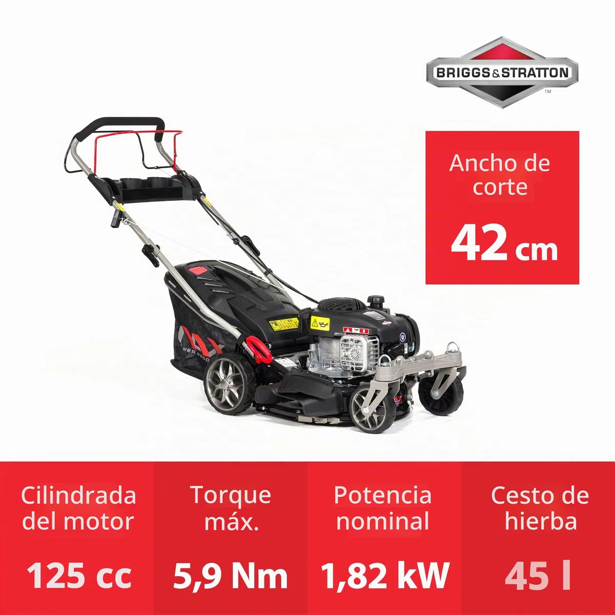 NAX POWER PRODUCTS 1000S motor Briggs & Stratton serie 450E 125 cm3 ancho de corte 42 cm cesta 45l sistema de lavado de la carcasa cortacésped a gasolina con tracción