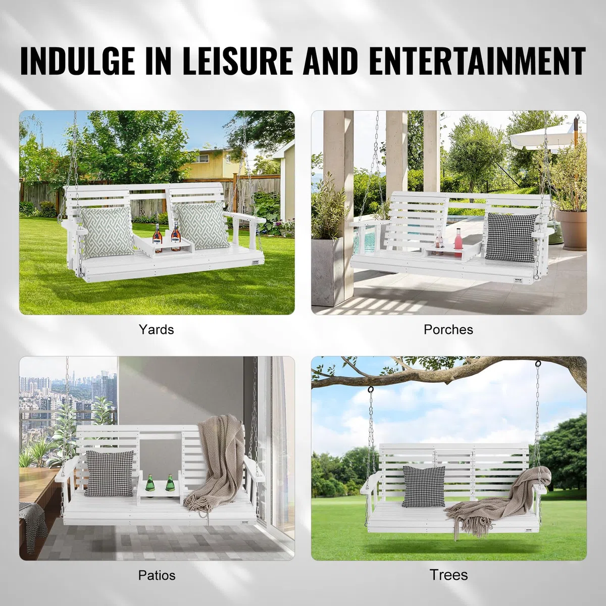 VEVOR Columpio de Madera para Porche 152x71x60cm, Columpio de Banco para Patio y Jardín, Capacidad de Carga Fuerte Mejorada de 880 Libras, Banco de Silla con Cadenas Colgantes para Exteriores, Blanco