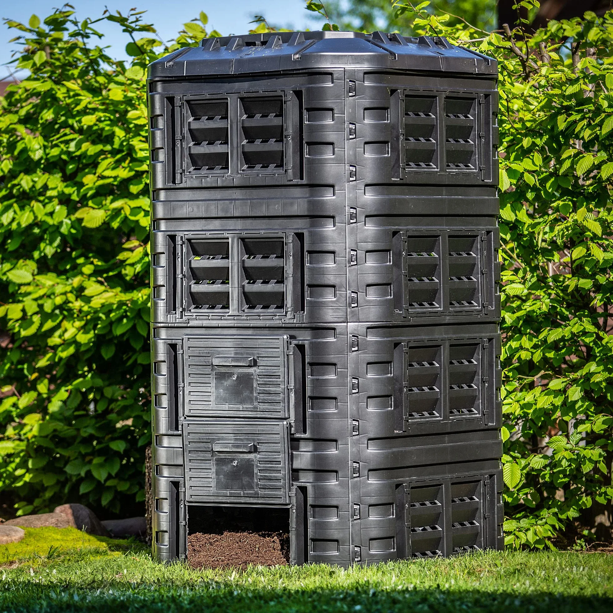 KADAX Compostador de plástico rápido, compostador con botones a presión, compostador térmico negro con tapa plegable (1260 L)