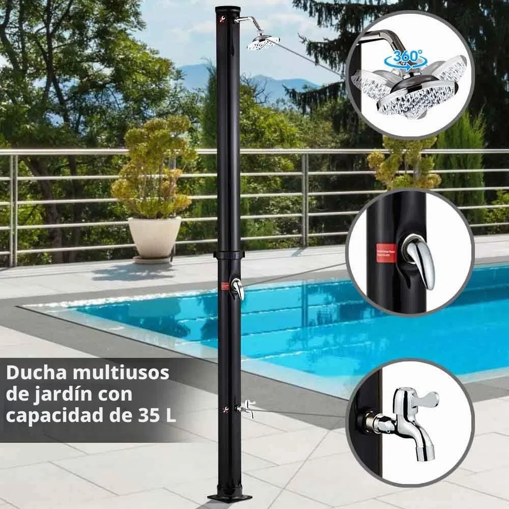 BAKAJI Ducha Solar para jardín, Piscina Exterior, Camping, depósito de 35 litros con alcachofa Ajustable para Lavar pies, Mezclador de Agua Caliente, conexión Manguera de jardín, tamaño 220 x 16,5 x