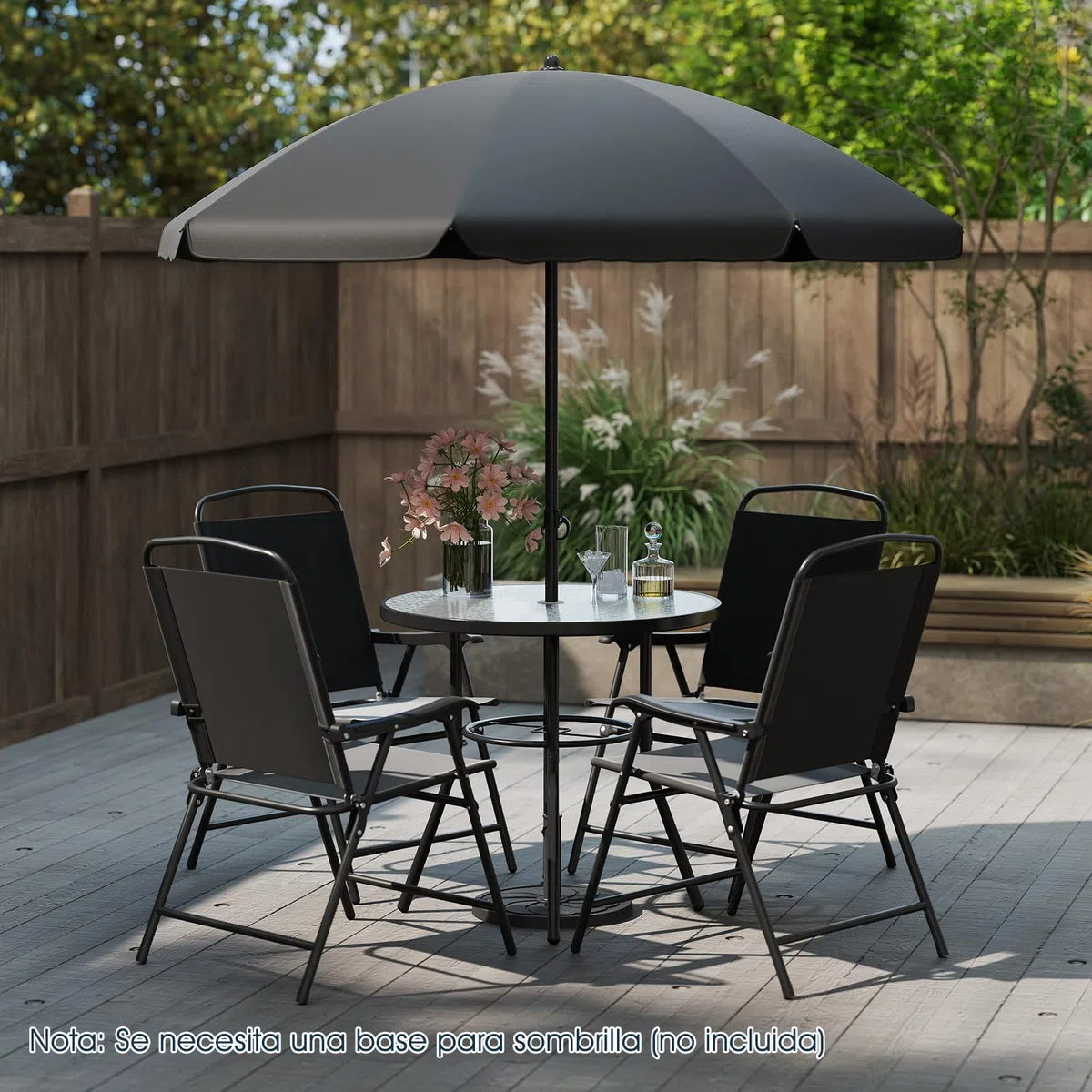 COSTWAY Conjunto Jardin Exterior de 6 Piezas, Mesa Redonda de Vidrio Templado, 4 Sillas Plegables con Brazos y Sombrilla, Muebles Comedores Jardin Terraza Balcon Exterior