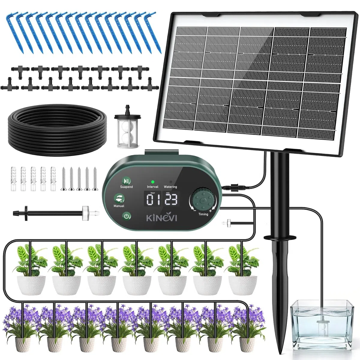 Sistema de Riego Solar para Jardín, Kit Riego Por Goteo Autorriego con 15 Micro Cabezales de Goteo, para jardín, plantas de interior y exterior, césped plantas en maceta balcón hortalizas y arbustos