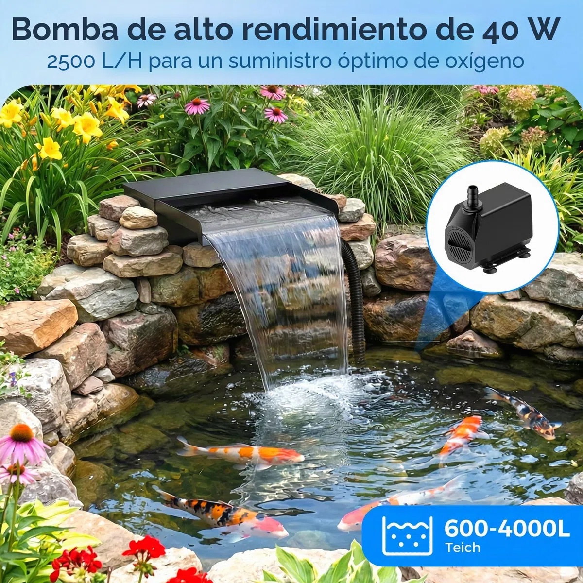 Biling Cascade para estanque de jardín con filtro, 20 cm, acero inoxidable, 40 W, 2500 l/h, bomba de estanque, decoración de jardín, cuenca de agua, patio, terraza, pared de agua, cuenca de carpas kui