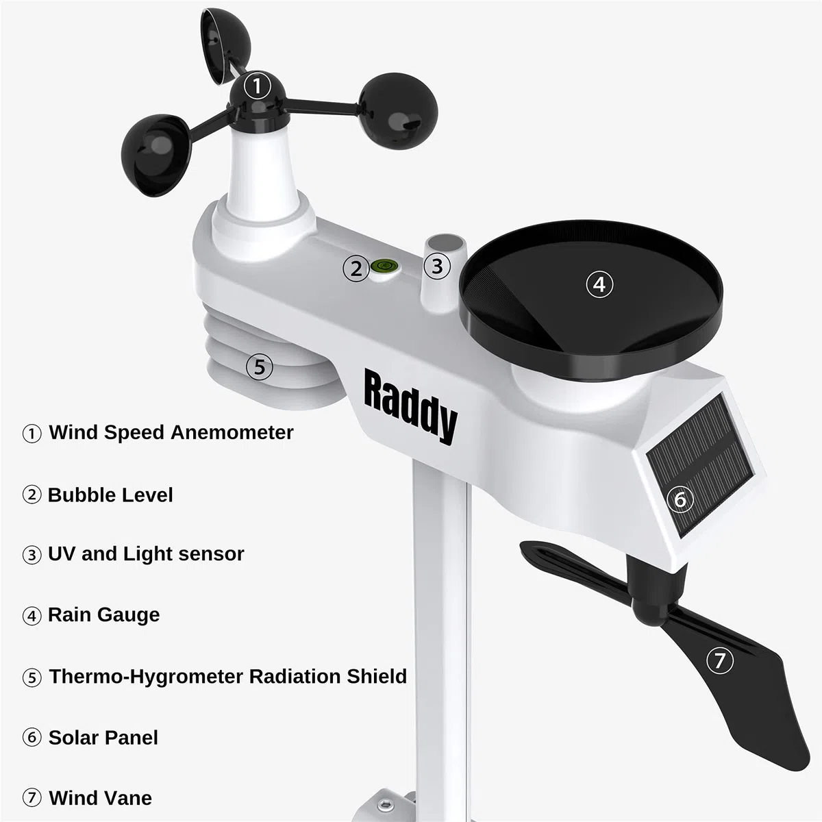Raddy WF-100C Estación meteorológica wifi profesional con sensor inalámbrico para exteriores, pantalla de 8", barómetro, indicador de viento, indicador de lluvia, sensor solar para el hogar, el jardín