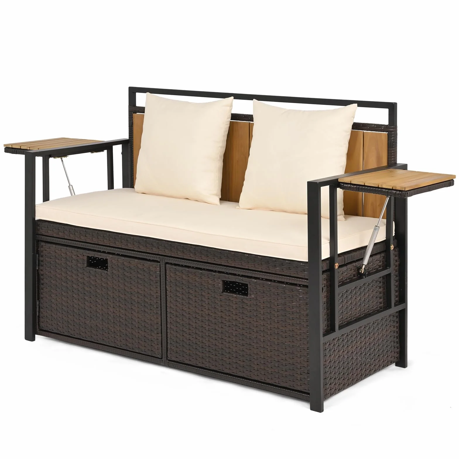 SOARS Banco Arcón Exterior para 2 Personas, Banco Jardín de Ratán con Compartimento de 142,5L, 2 Mesitas Plegables, Cojín y 2 Almohadas, Cofre de Almacenamiento para Patio, Terraza (Blanco)