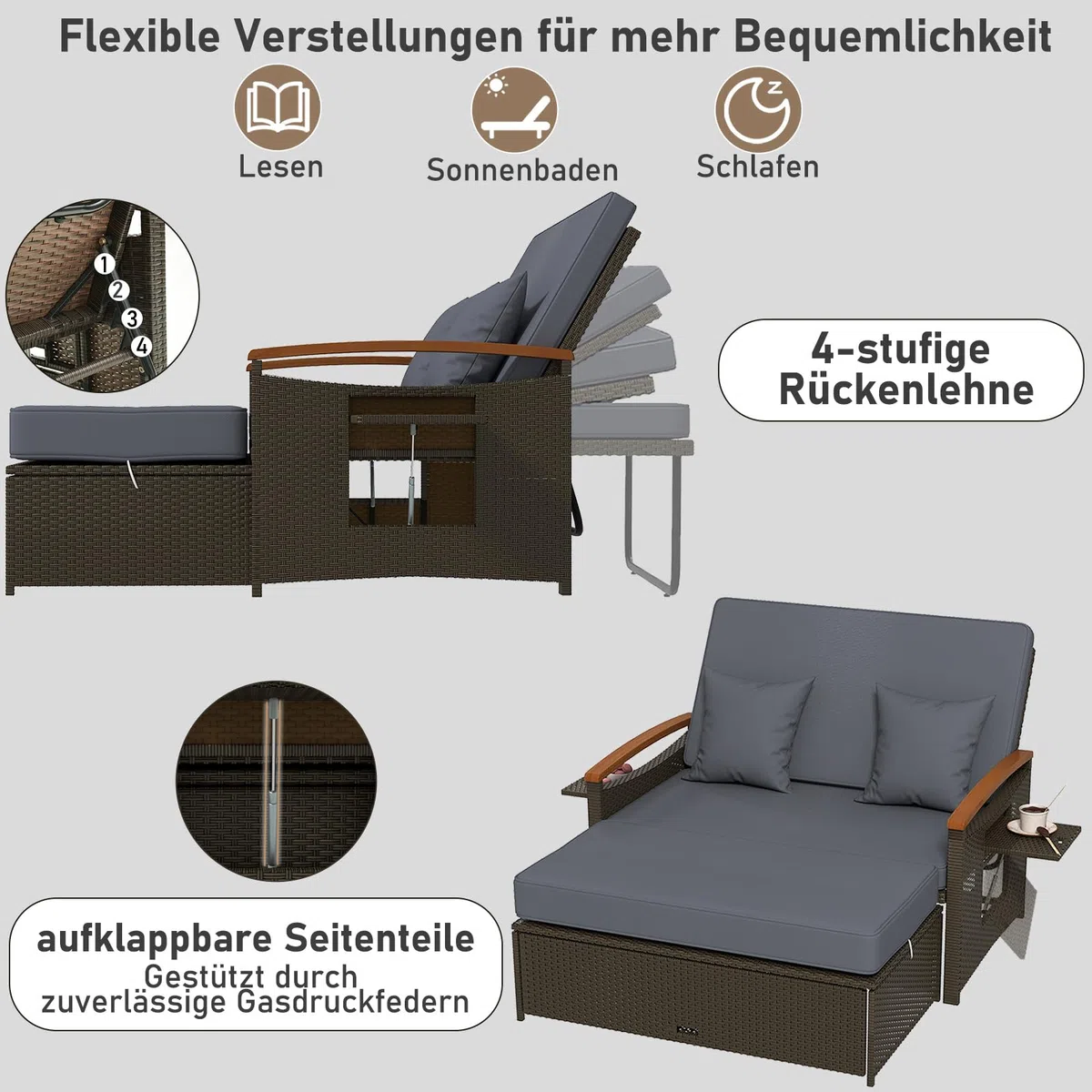 GYMAX Sofa Exterior de Ratán con Reposapiés de Almacenamiento, Conjunto Jardín de 2 Plazas con 4 Niveles y Cojines Acogedores, Bandejas Laterales Retráctiles (Gris, S)