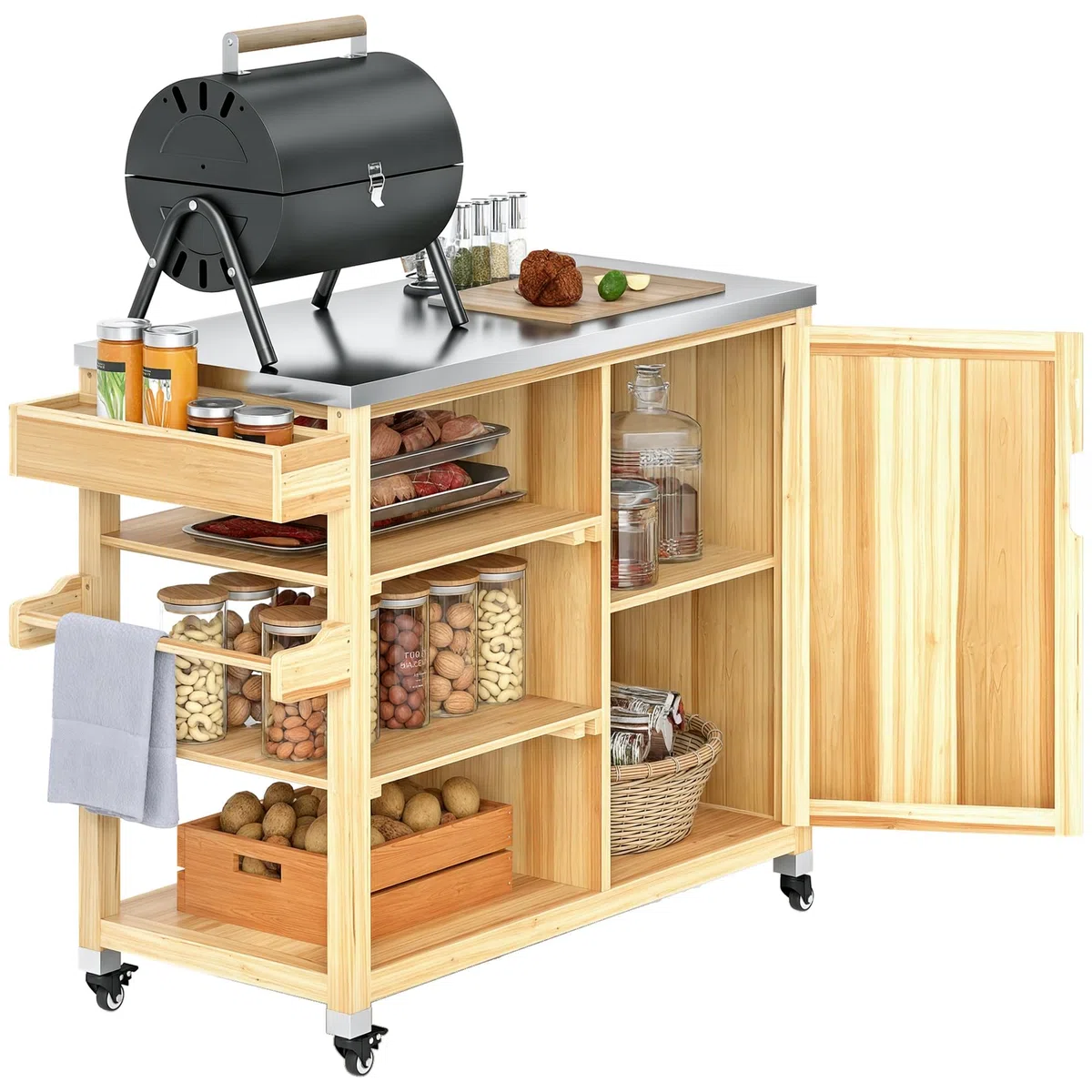 Outsunny Carrito de Parrilla Carrito de Barbacoa con 4 Ruedas Carro de Servicio de Madera Encimera de Acero Inoxidable Toallero y Especiero Estantes Armario para Patio Jardín 134,5x50x91,5 cm Natural