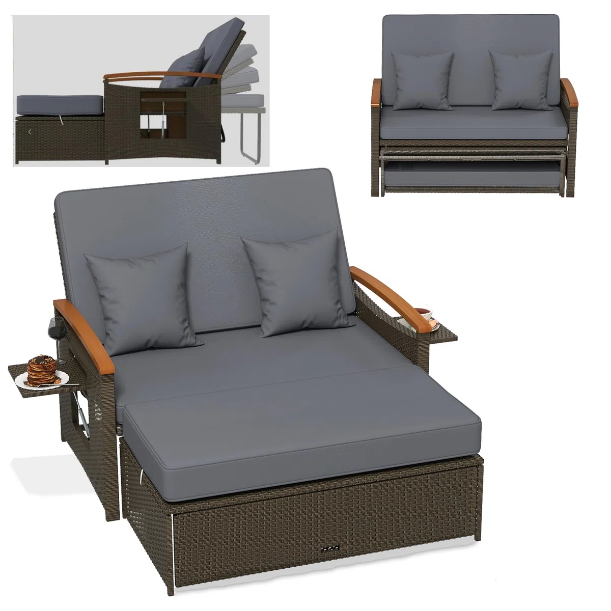 GYMAX Sofa Exterior de Ratán con Reposapiés de Almacenamiento, Conjunto Jardín de 2 Plazas con 4 Niveles y Cojines Acogedores, Bandejas Laterales Retráctiles (Gris, S)