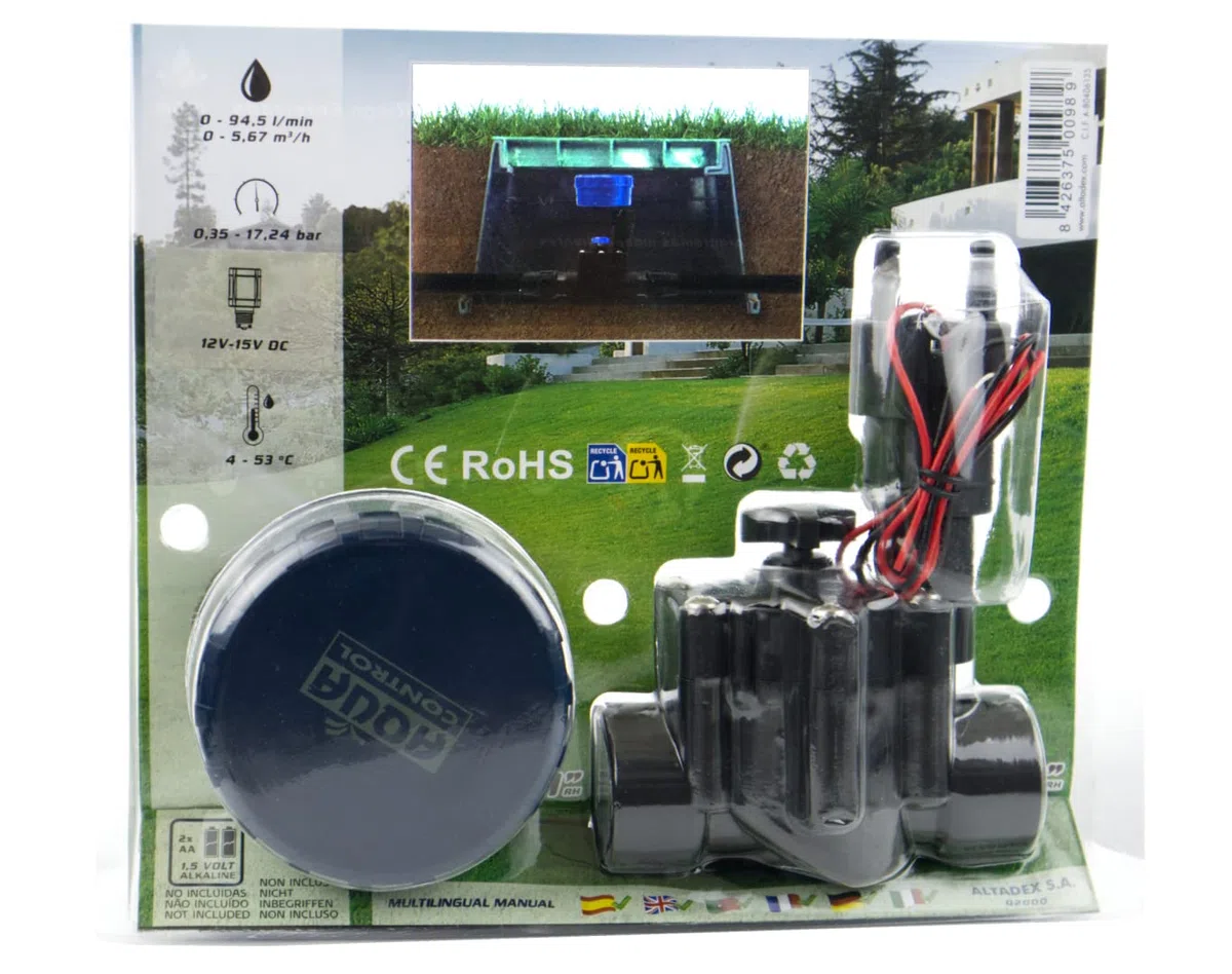 Aqua Control Programador de Riego Digital con Electroválvula de Solenoide Latch. con 2 Programas de Riego Independientes, con válvula para Arqueta. Ideal donde no hay corriente eléctrica, Negro