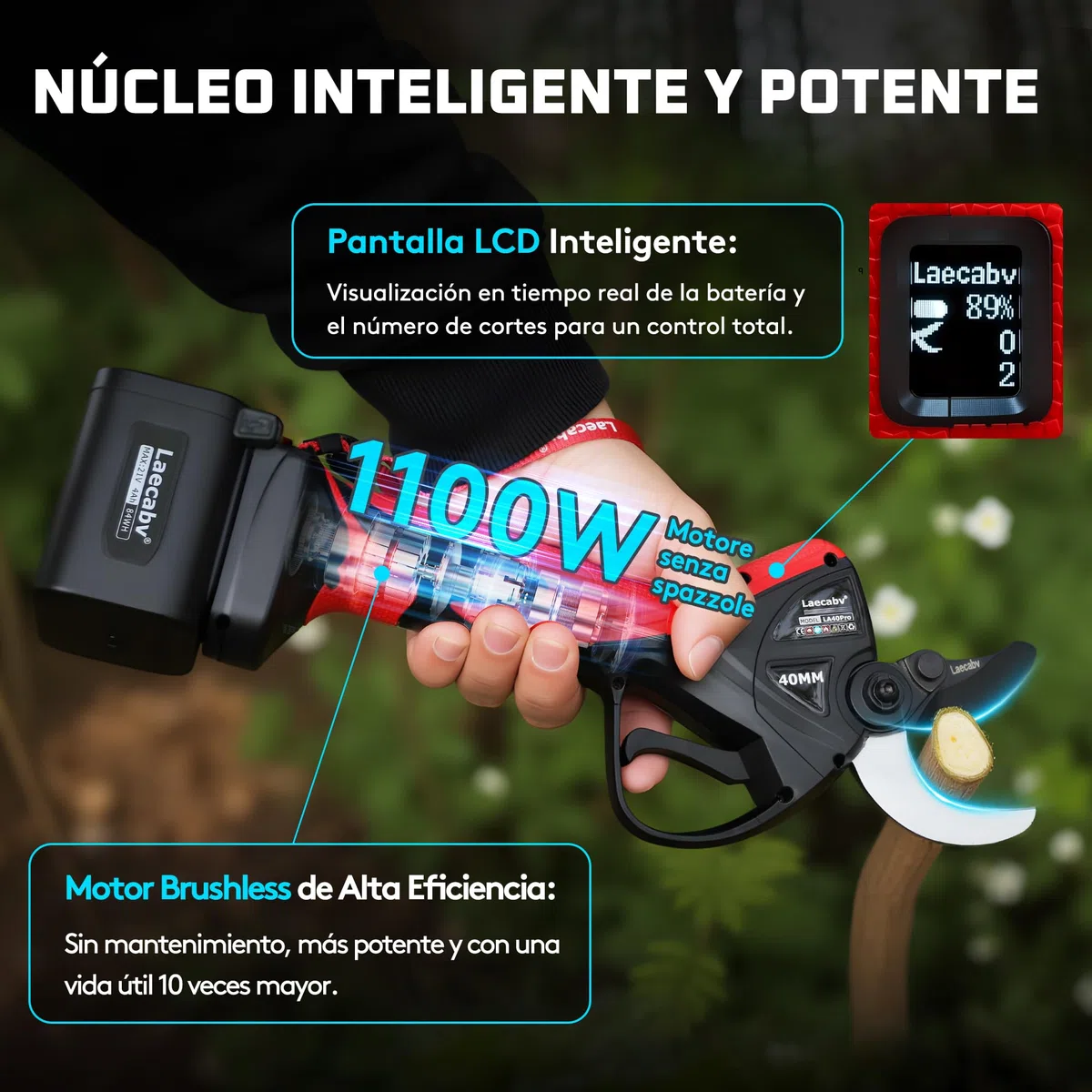 Laecabv Tijeras de Podar Eléctricas Profesionales LA40Pro, 40mm Corte Progresivo, 2x4.0Ah Baterías (12h), 2 Años de Garantía para el Cuerpo, Conector de Cintura y Pantalla LCD para Olivos y Viña