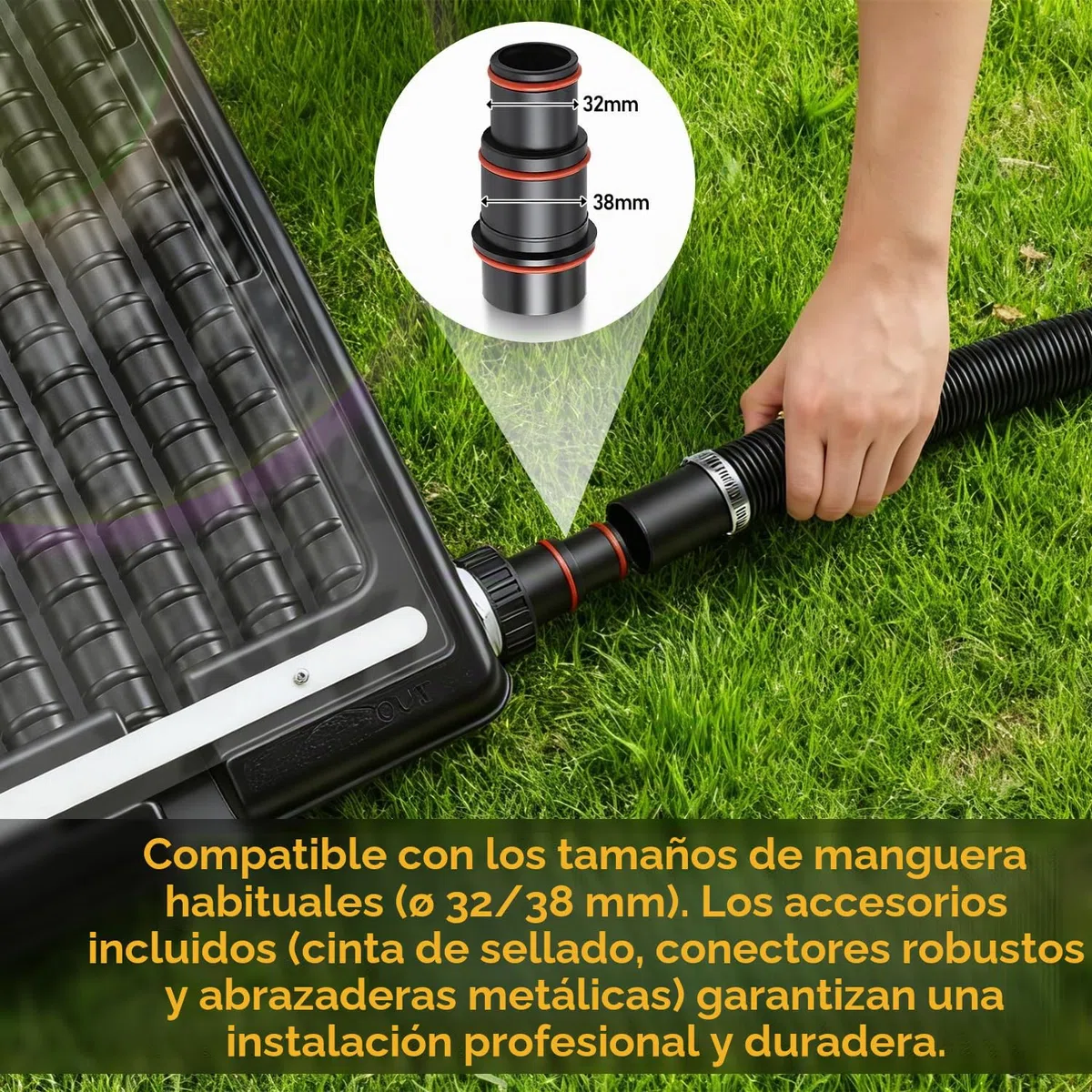 Calentador solar de piscina, colector solar 110 x 65 x 35 cm ajustable en altura, calentador solar de piscina 10000 L/H, conexión de 38 mm ampliable, para agua caliente de ducha de jardín