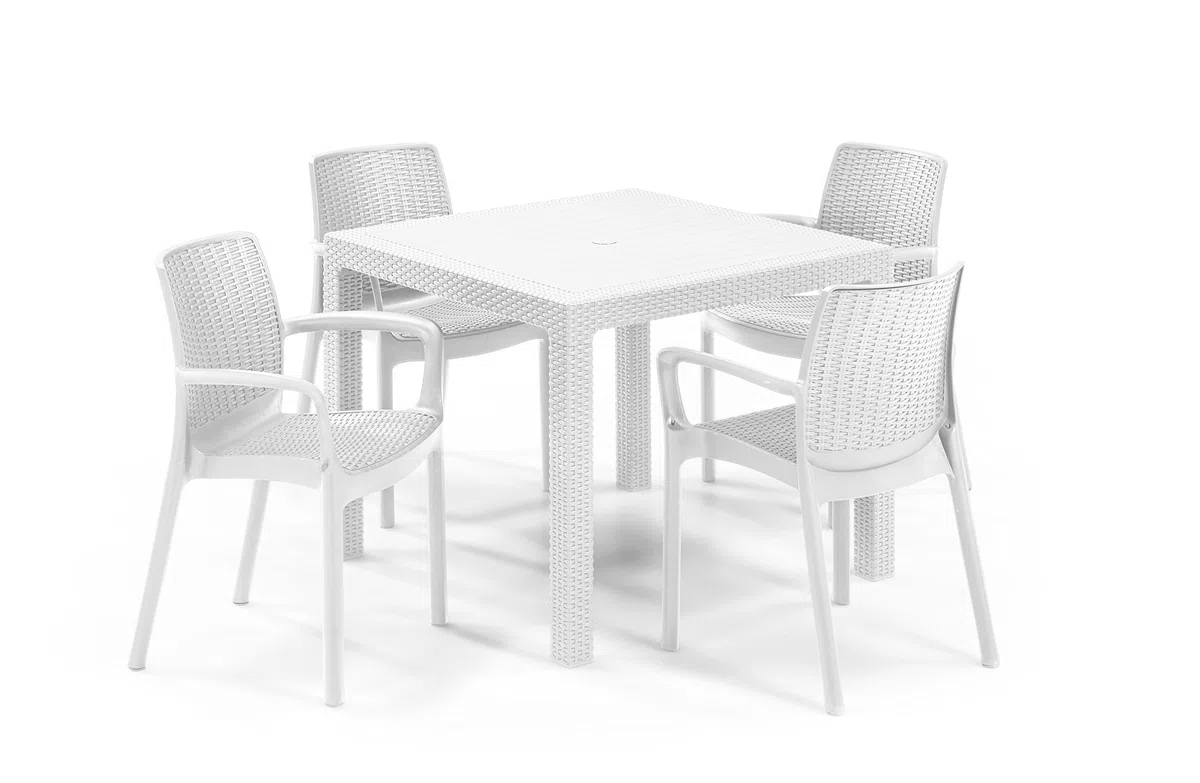 Keter Bali - Pack x4 Silla jardín para Interior y Exterior con reposabrazos Ideal para Jardines y terrazas, apilable, Resina con Acabado de ratán Plano, Color Blanco