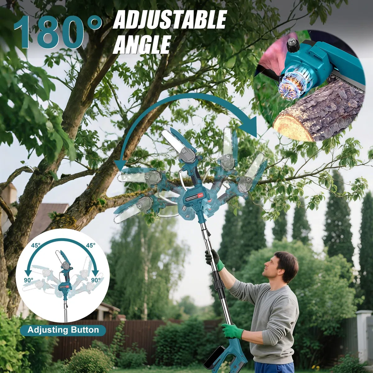 6 Pulgadas Mini Motosierra Telescopica & 25 mm Tijeras de Podar Eléctricas, 4 en 1 Kit de Herramientas de Jardín con 2 * 3000 mAh Baterías, Altura Ajustable 4.2m, Para Jardín y Huerto (Con batería)