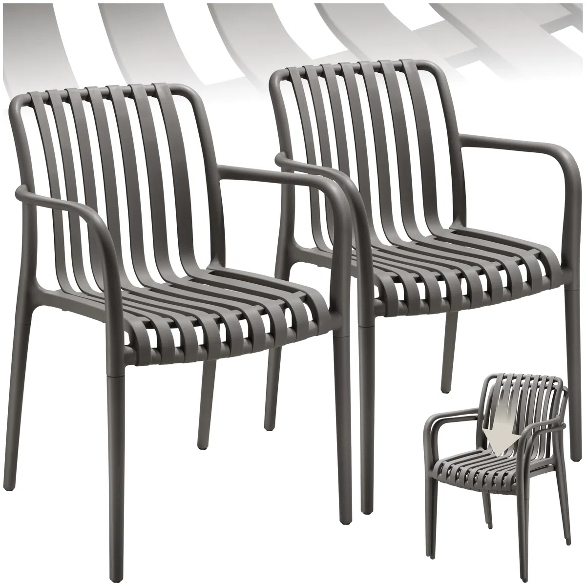 tectake® Sillas Terraza Exterior Apilables, Plástico Resistente, Antideslizante, Fácil de Montar, Muebles Resistentes, Sillas Jardin Exterior - Set de 2 con Reposabrazos Antracita