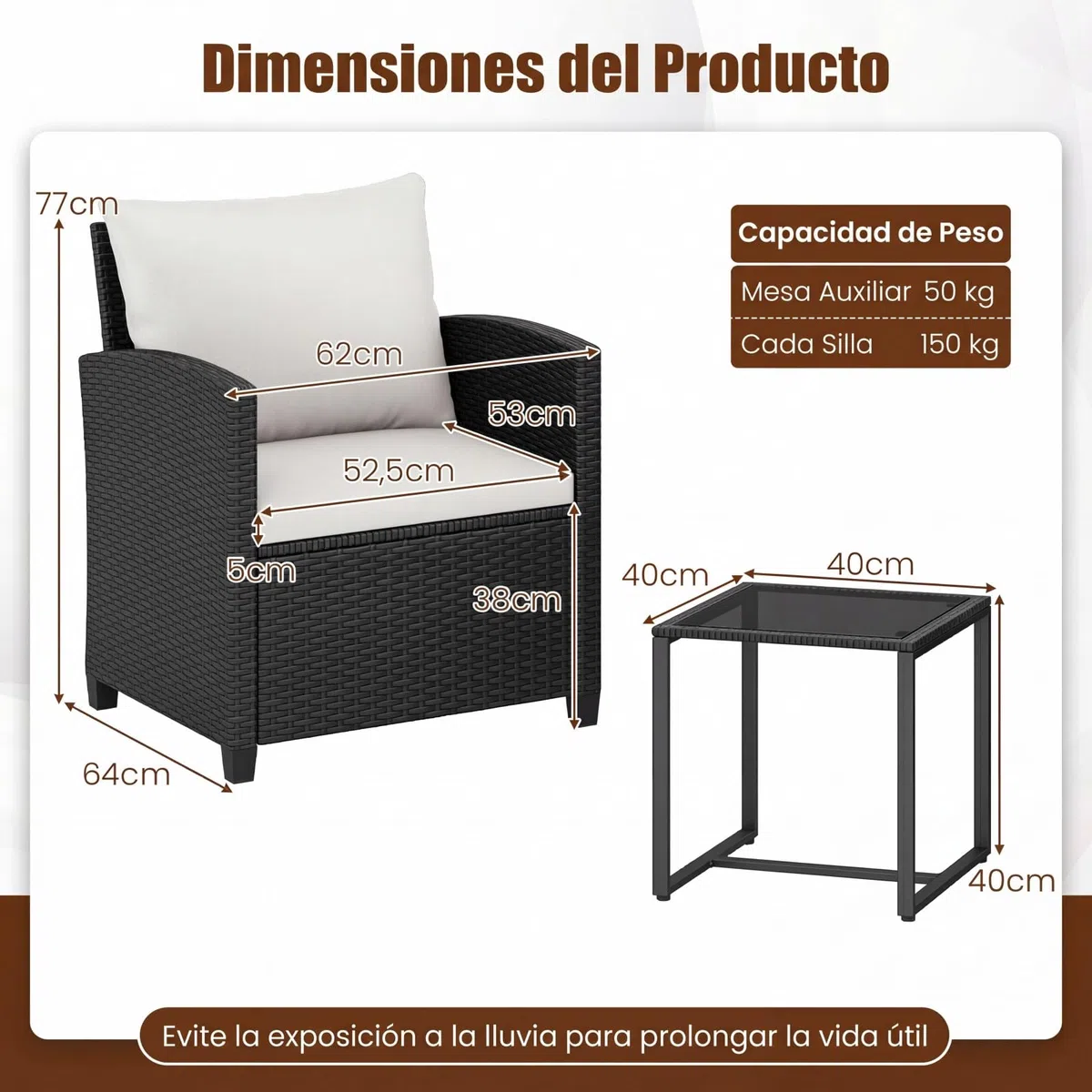 COSTWAY Conjunto Mesa y Sillas Jardin de 3 Piezas, Conjunto de Conversación de Ratán PE con 2 Sillas,Mesa Auxiliar de Vidrio Templado y Cojines con Funda Desmontable para Terraza Patio (Negro+Beige)