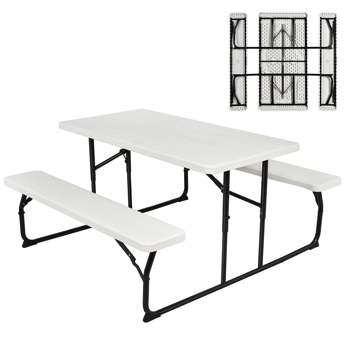 KOMFOTTEU Juego de Mesa y Sillas de Picnic Plegable, Juego de Muebles de Cerveza de 3 Piezas con 1 Mesa y 2 Bancos, Juego de Camping Portátil para Exteriores con Marco Metálico