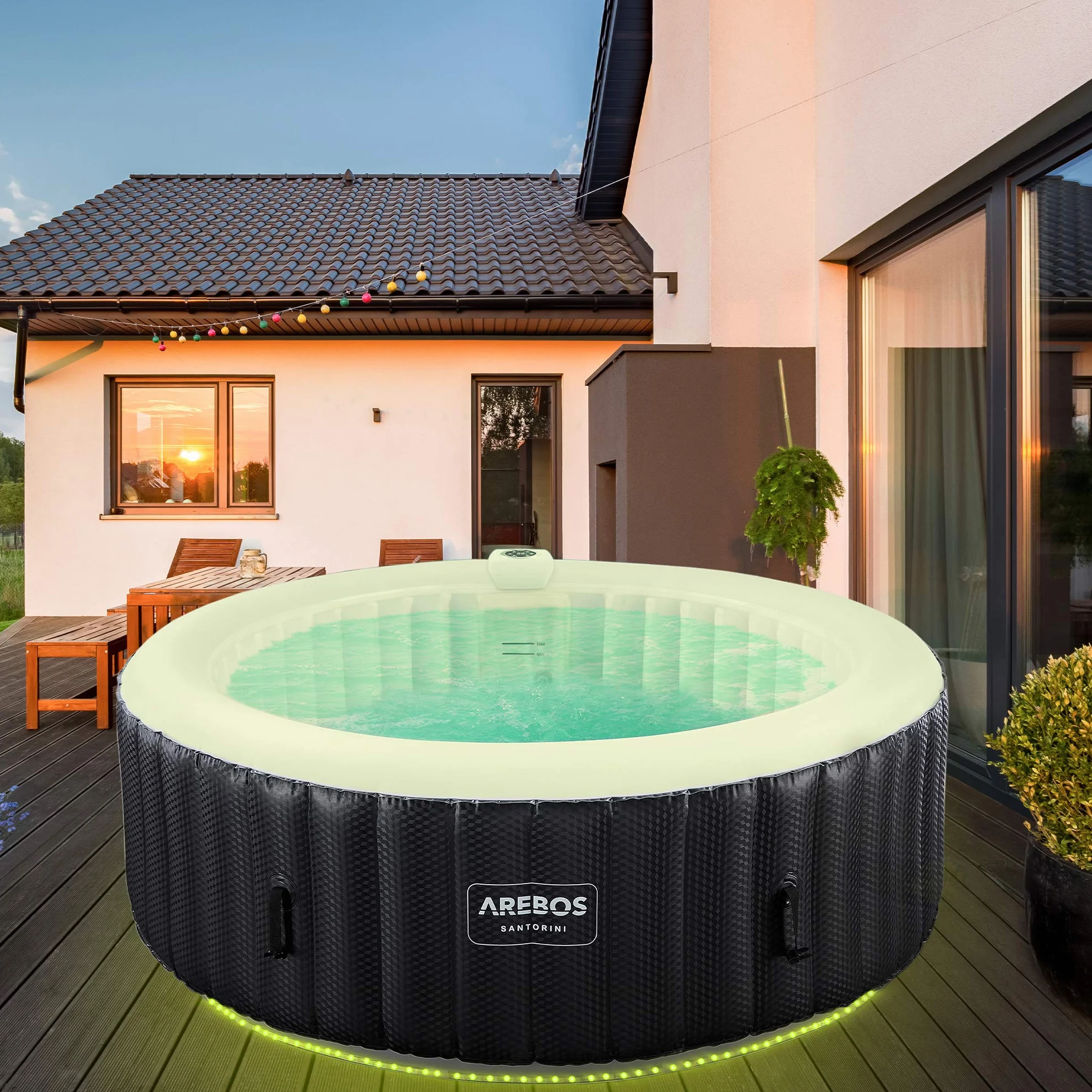 Arebos SPA Hinchable | Inflable automático | para Interior y Exterior | ⌀ 208 cm | 6 Personas | Banda Luminosa LED | 130 boquillas de Masaje | 1000 L | Incluye Cubierta | Bubble SPA & Wellness Masaje