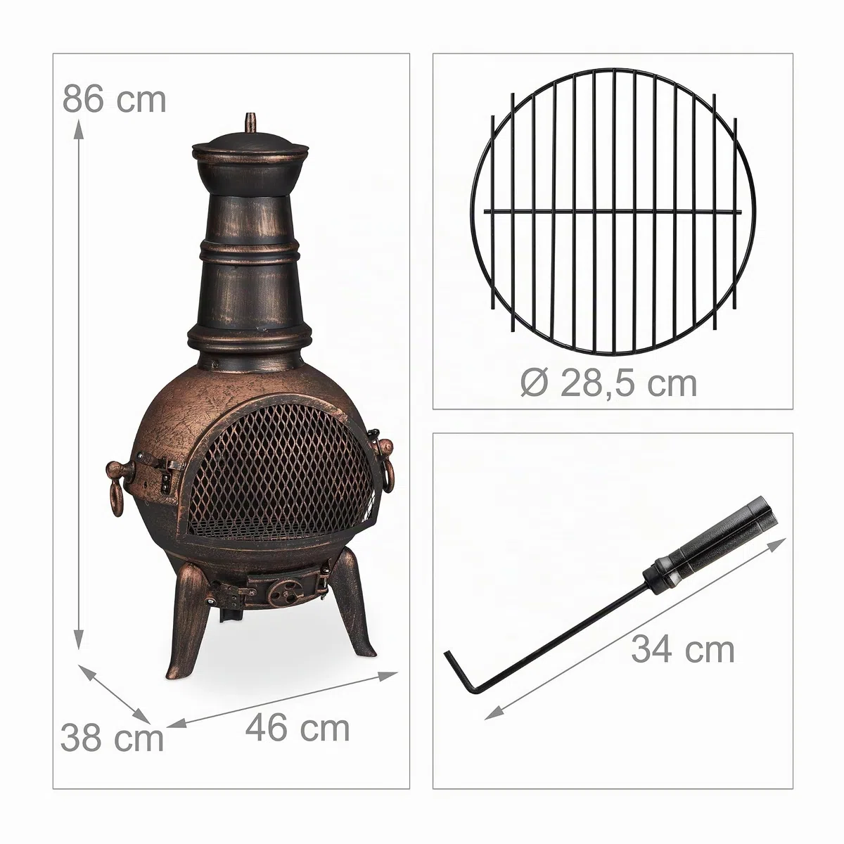 Relaxdays Chimenea Exterior, Estufa Terraza, con Atizador, Hierro Fundido, Protección Antichispas, 86x46x38 cm, Bronce