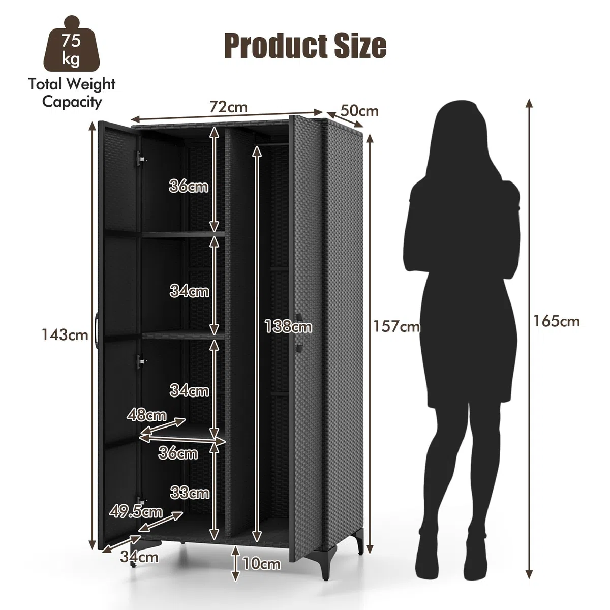 KOMFOTTEU Armario de Jardín de Ratán, Armario Alto con Barra para Colgar y 4 Cubos, Mueble de Almacenamiento con Puertas Dobles y Dispositivo Antivuelco, 72 x 50 x 157 cm (Negro)