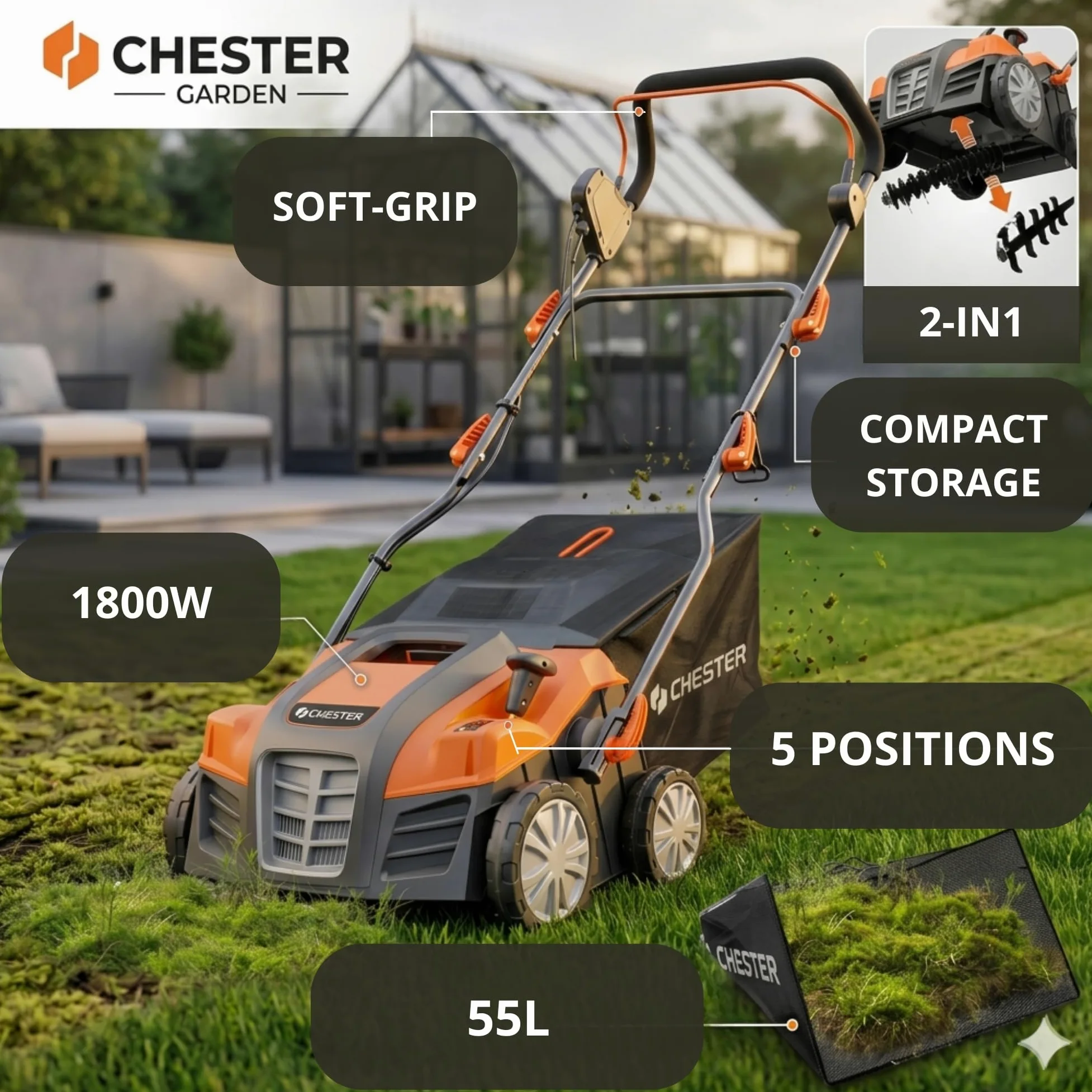 Escarificador y aireador eléctrico 2 en 1 para césped - 1800W - 40cm - CHESTER