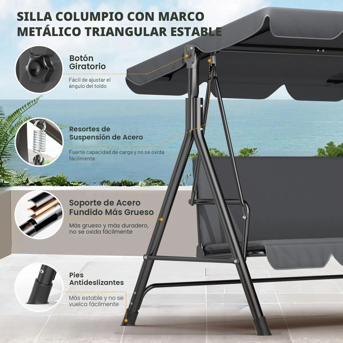 Balancín de Jardín de 3 Plazas con Toldo Ajustable para Exteriores, Columpio con Patas Antideslizantes, Banco Soporta Hasta 200 kg, Tumbona para Terraza, Color