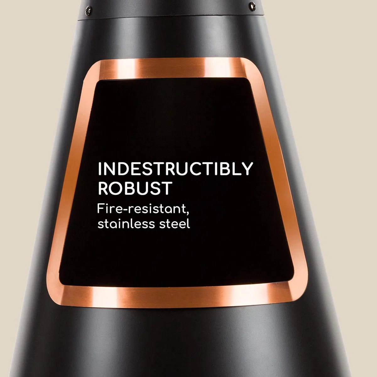 blumfeldt Volantis Cupric - Chimenea de Patio, Horno de terraza, FireView, Acero, Inoxidable, Diseño Moderno con Partes en Cobre, Estable, Antivuelco, Parrila para carbón y atizador, Negro