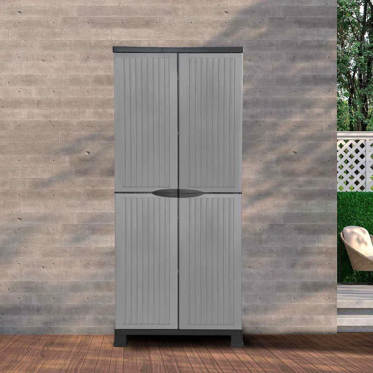 THINIA HOME - Armario de Resina Alto Almacenaje Escobero, Exterior e Interior, Jardín y Terraza, 4 Baldas, 2 Puertas, 60kg Carga Máxima, Dimensiones 39x68x171cm (Largo x Ancho x Alto), Gris o Negro