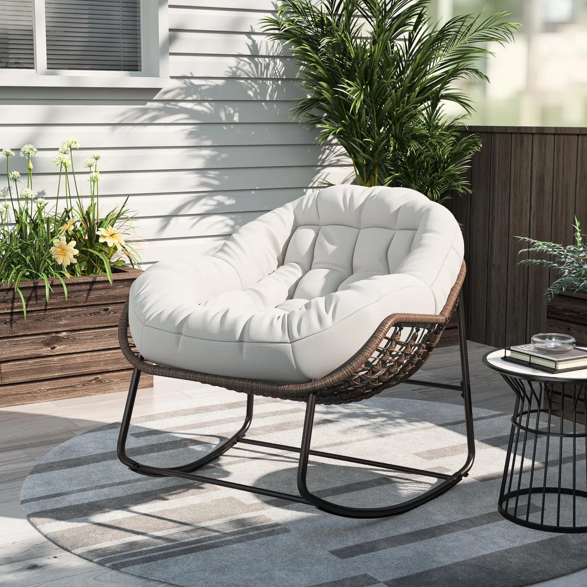 KeepGoon Mecedora de ratán para exteriores con acolchado, estilo escandinavo, silla de lactancia, silla de ocio, silla de ocio, tela impermeable, soporte de acero para salón, dormitorio, patio (beige)