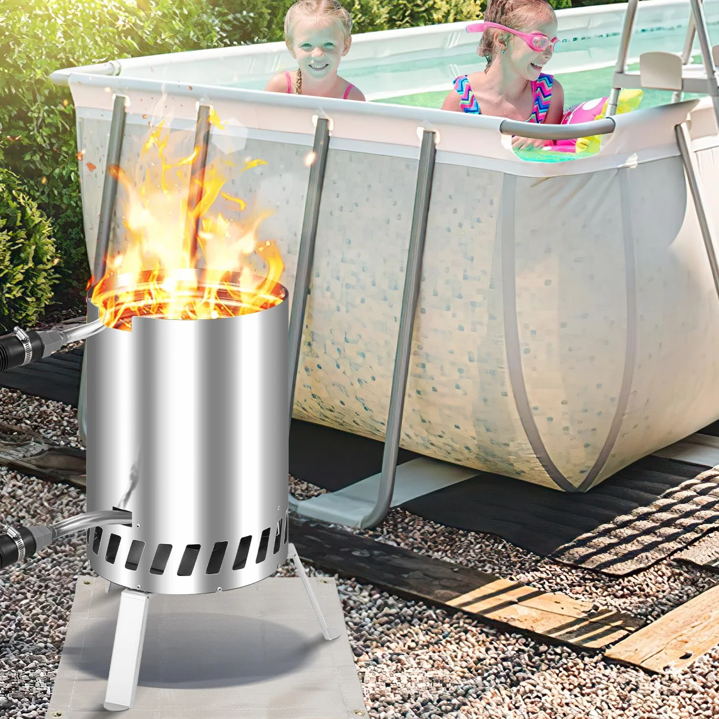 Fiqops Calefacción para piscina de leña con fuego, calentador de piscina de acero inoxidable con barril de fuego, estufa de piscina con conexiones de 32 – 38 mm, calefacción de piscina exterior de