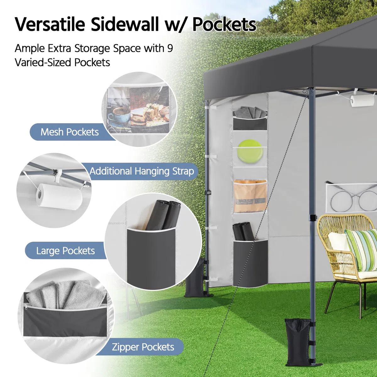 Yaheetech 3x3M Carpa Pop-Up con Botón Central con Pared Lateral de 9 Bolsillos de Almacenamiento, 1 Bolsa con Ruedas y 4 Sacos de Arena para Playa, Patio, Camping y Jardín, Gris Oscuro