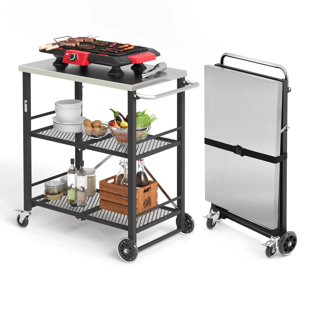 LUE BONA Mesa de Barbacoa con 2 Niveles,Carro de Barbacoa con 4 Ruedas Cerradas,Postre Exterior para Barbacoa con Ganchos y Estante,Carrito de Comedor para Cocinas,Barbacoas,Fiestas,47x70x86 cm,Negro
