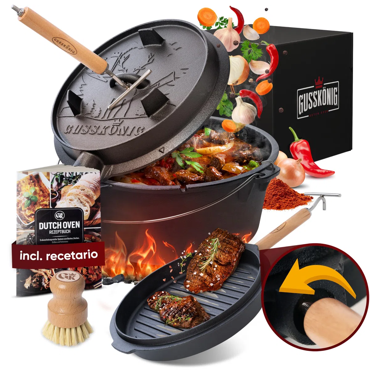 GUSSKÖNIG Olla de Hierro Fundido 9L – Cocotte con Pies para Cocción Lenta – Doble Función: Asado y Guisos – Incluye Levantador de Tapa 2 en 1, Cepillo y Recetario (4-7 Personas)