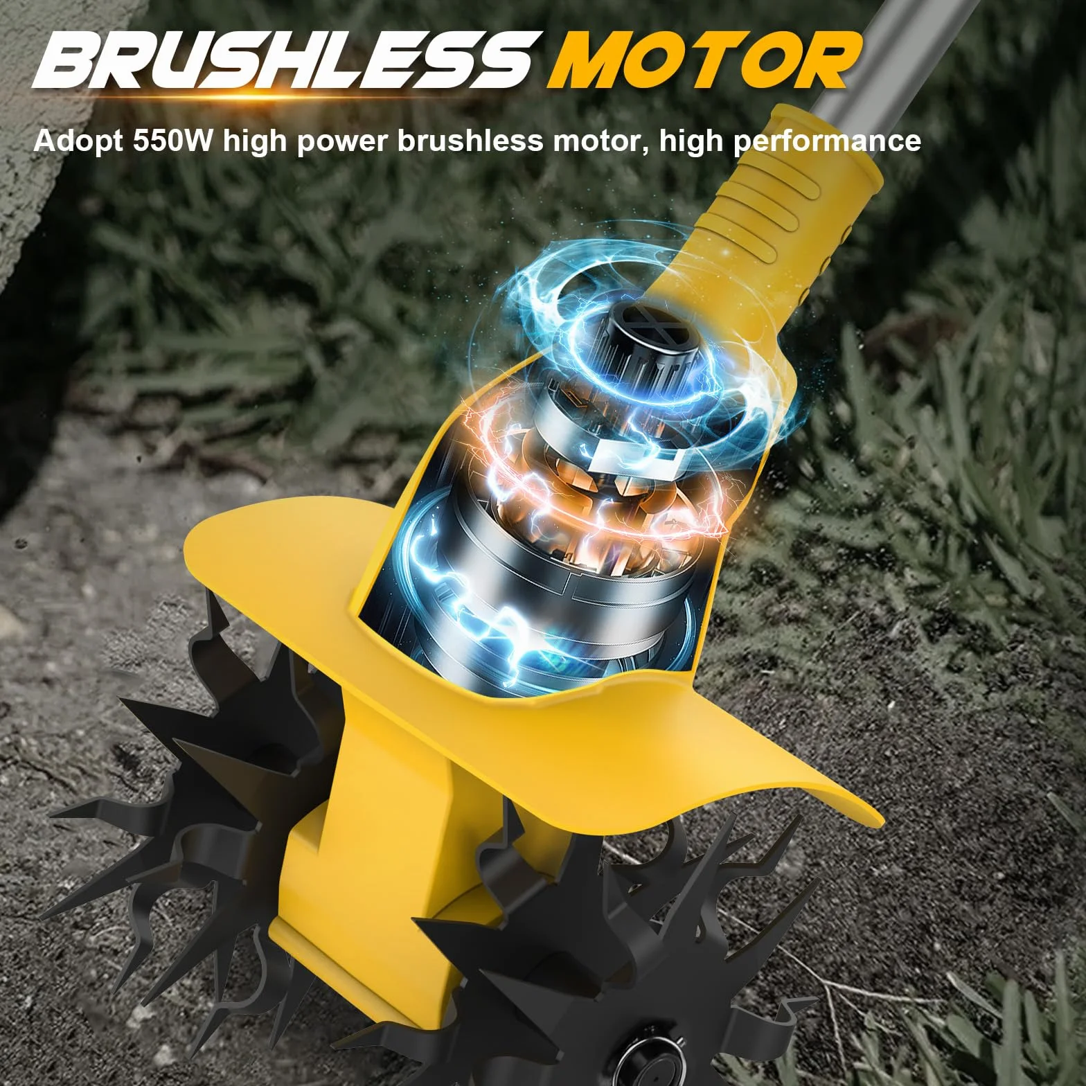 Azada de suelo inalámbrica compatible con batería Dewalt de 20 V, batería de 500 W, 20 cm de profundidad de labranza, 16 cm de ancho de mecanizado, 360 rpm, sin escobillas, plegable, fresadora