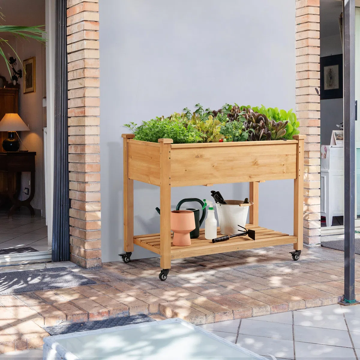 Yaheetech Huerto Urbano Elevado de Madera de Abeto Mesa de Cultivo de 2 Niveles con Ruedas Desmontables, Forro no Tejido, Ideal para Flores y Vegetales Marrón Claro 105 x 56 x 83 cm