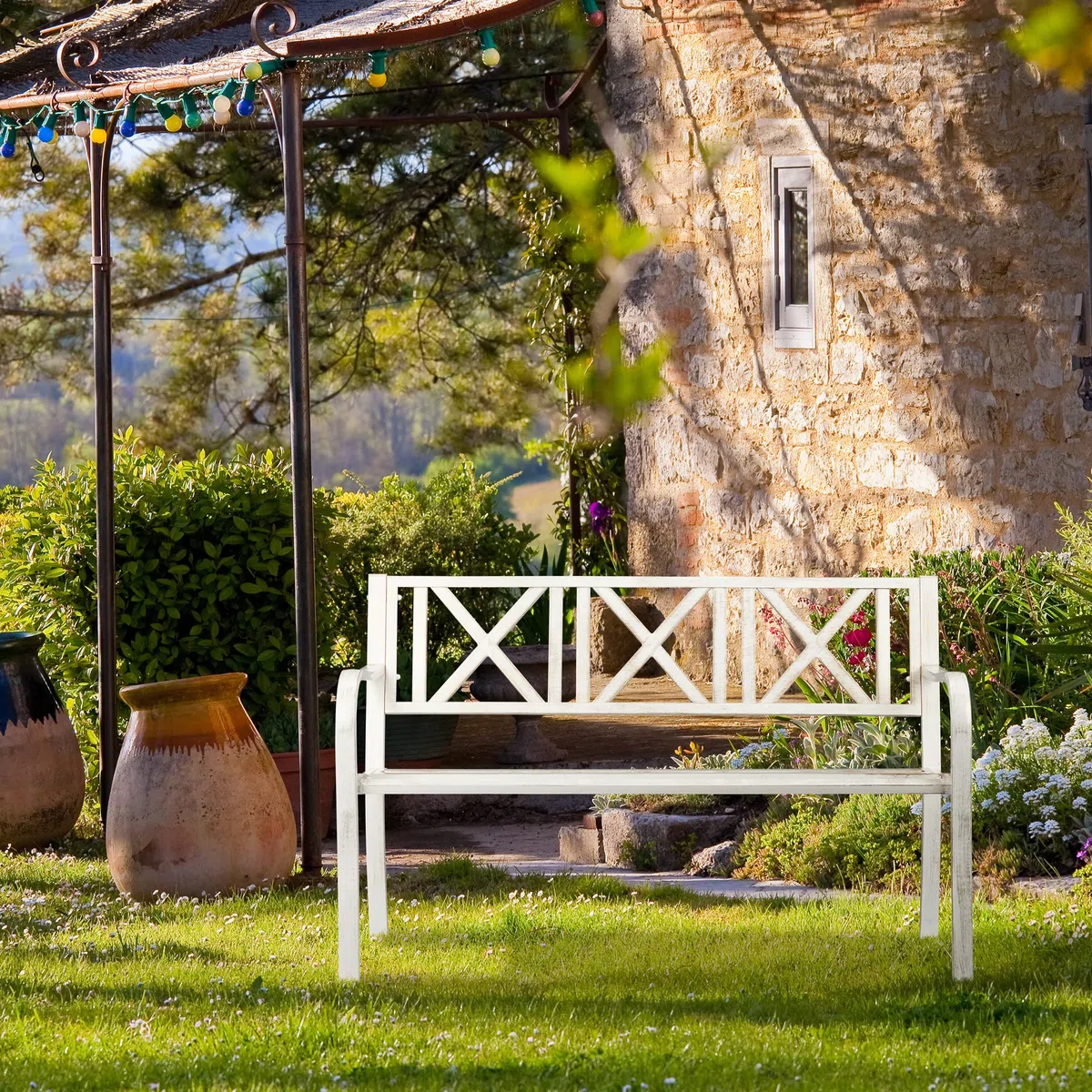 Relaxdays Banco Jardín, 2 Plazas, Terraza, Balcón, Acero Robusto, Asiento para Exteriores Estable, 80,5 x 127 x 63 cm