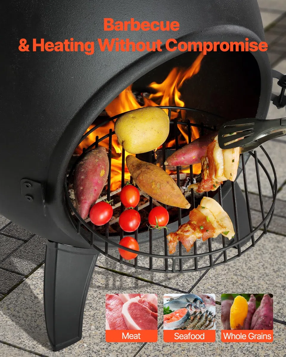 VEVOR Chimenea de Leña Exteriores 457 mm, Chimenea Esférica para Barbacoa y Calentamiento con Malla para Parrilla Revestimiento para Tapa a Prueba de Óxido para Patio, Jardín, 430 x 420 x 1120 mm
