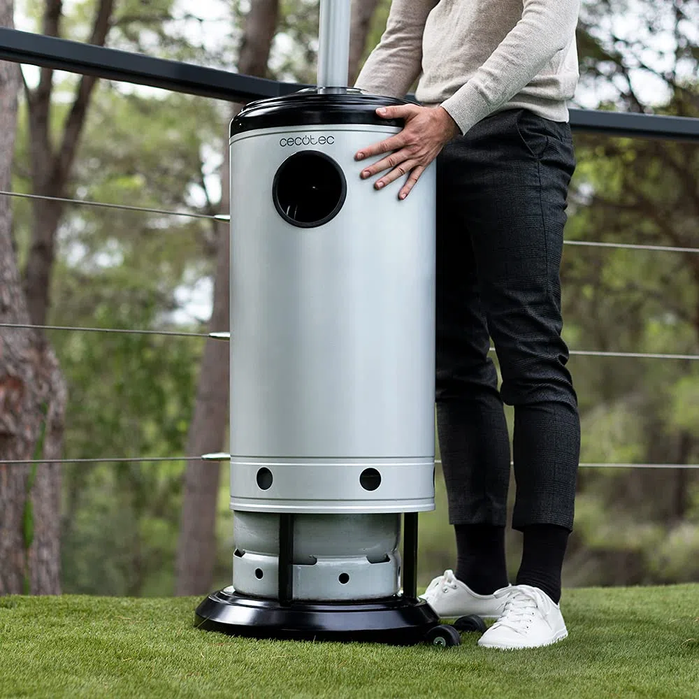 Cecotec Calefactor de Exterior a gas Ready Warm serie 8800 Outdoor Microclimate. 14000 W, Gas Butano o Propano, Forma de Seta, Termostato, Acero, Ruedas, Cobertura 15 m2