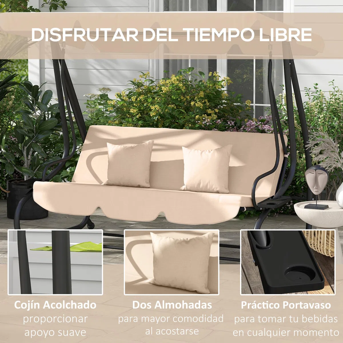 Outsunny Balancín de Jardín Exterior de 3 Plazas Columpio de Jardín Exterior Convertible en Cama 2 en 1 con Toldo Ajustable Soportes Laterales y 2 Almohadas Carga 340 kg 200x120x164 cm Arena