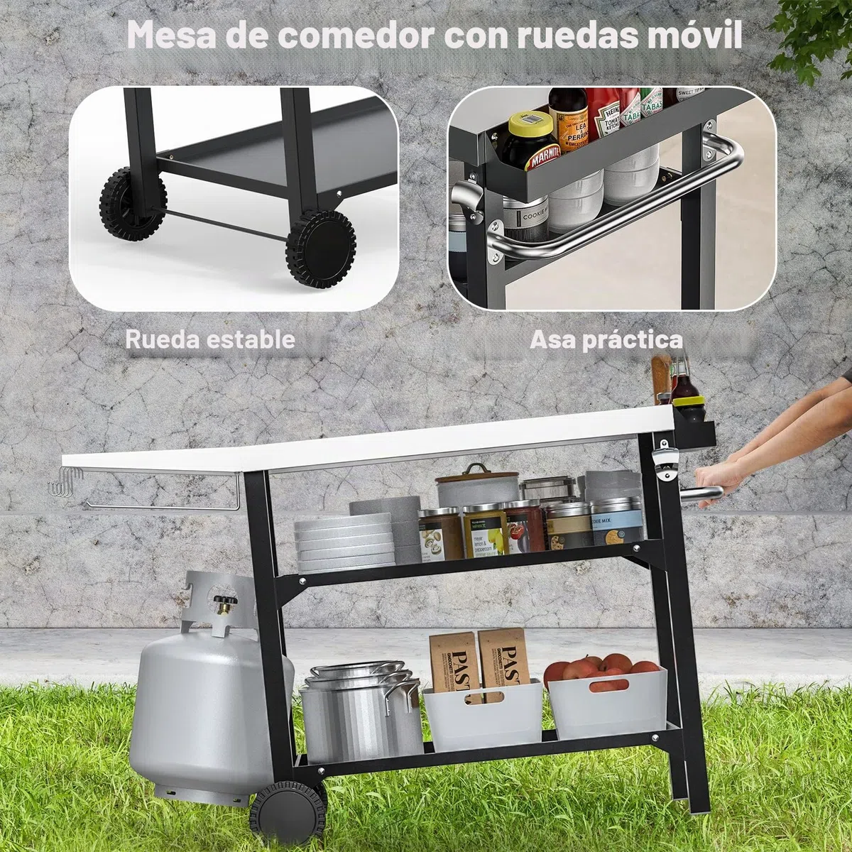 onlyfire Carros de Barbacoas, Mesa de Preparación de Alimentos de Acero Inoxidable con Mesa Auxiliar, Estantes de Acero de Dos Capas y Portautensilios