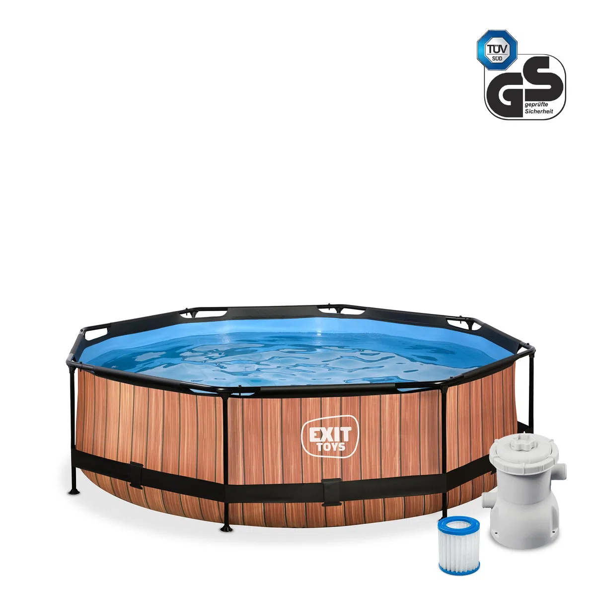 EXIT Toys Wood Pool - ø300x76cm - Piscina de Marco Redondo con Bomba de Filtro de Cartucho - Fácil Acceso - Adecuada para Niños Pequeños - Marco Robusto - Diseño Único - Marrón