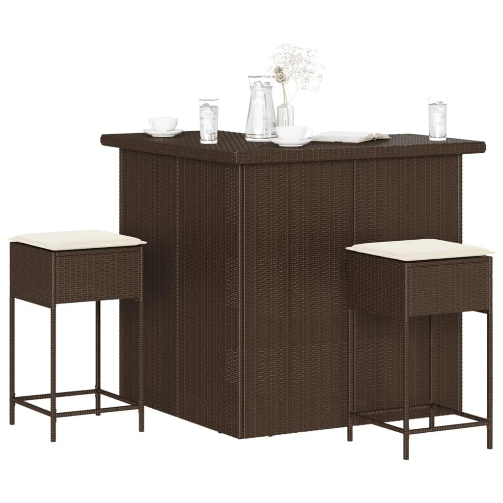 vidaXL Juego de Bar de jardín de 3 Piezas con Cojines ratán PE marrón, Mesa Alta y taburetes de Exterior, Juego de Bar, Juego de Muebles