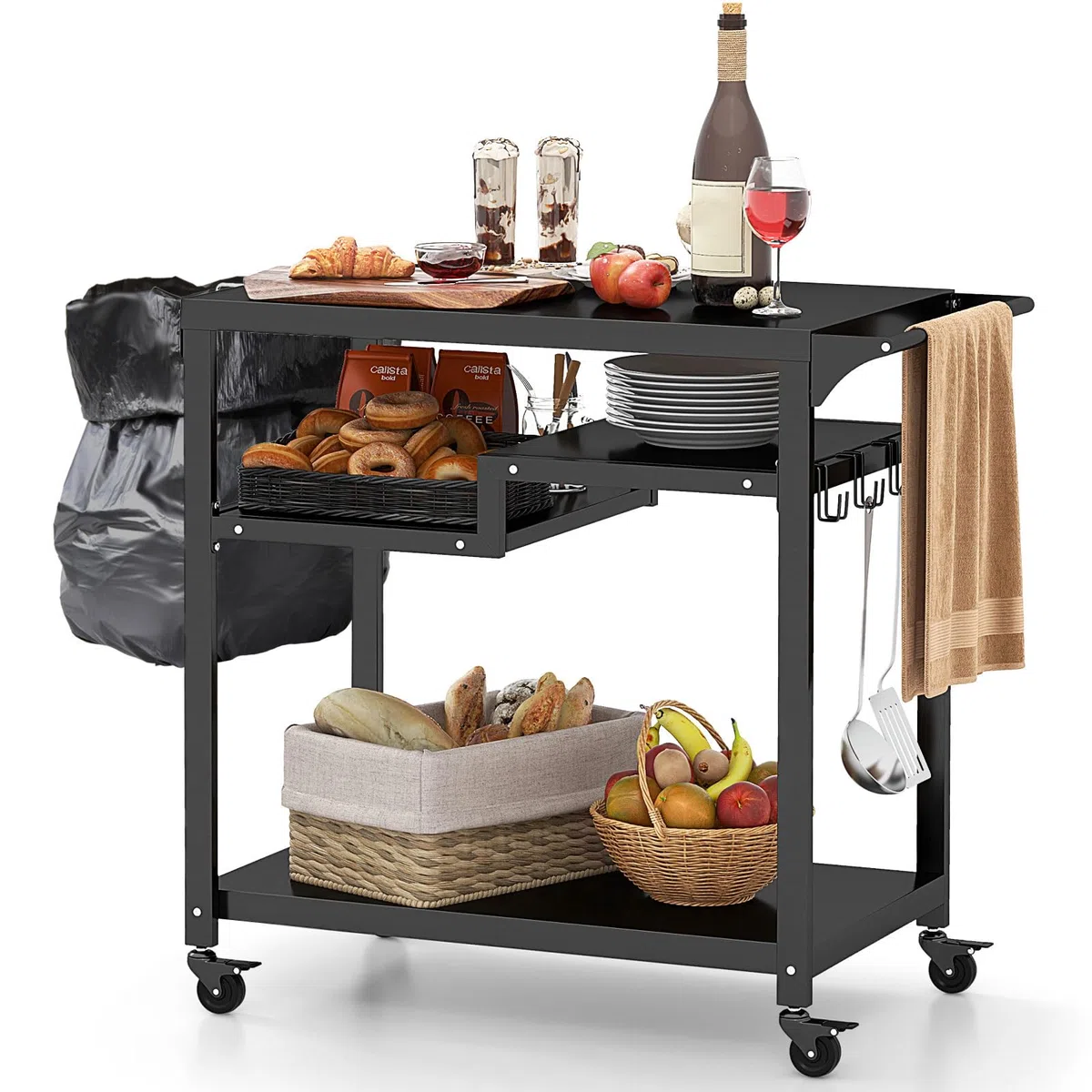 GOPLUS - Carro de barbacoa con 4 ruedas, postre exterior para barbacoa, plancha con 4 ganchos y estante, 111 x 50,5 x 93 cm, carga 50 kg, UI21160ELFR