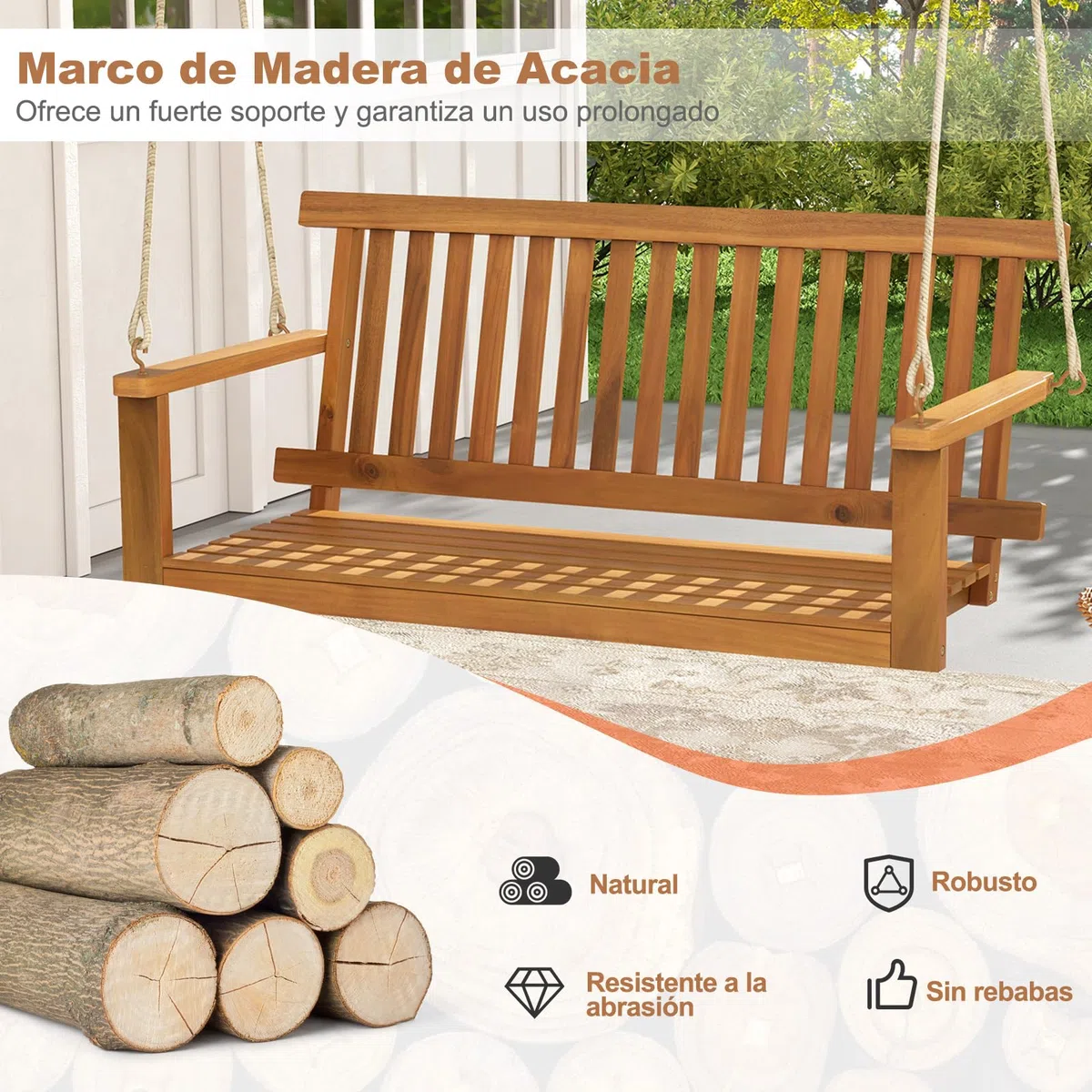 COSTWAY Banco Columpio Madera Acacia Exterior, 2 Plazas, Banco Balancin Jardin Exterior, Carga 360kg, Apoyabrazos y Respaldo, Columpio Jardin Exterior Patio Balcón