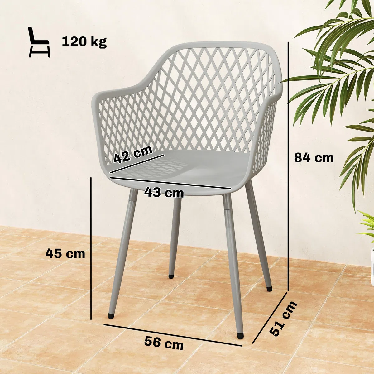 Outsunny Juego de 4 Sillas de Jardín Exterior, Sillas Terraza Exterior con Respaldo Diamante, Asiento de PP Anti-UV, Reposabrazos y Patas Metálicas, para Terraza, Balcón, 56x51x84 cm, Gris