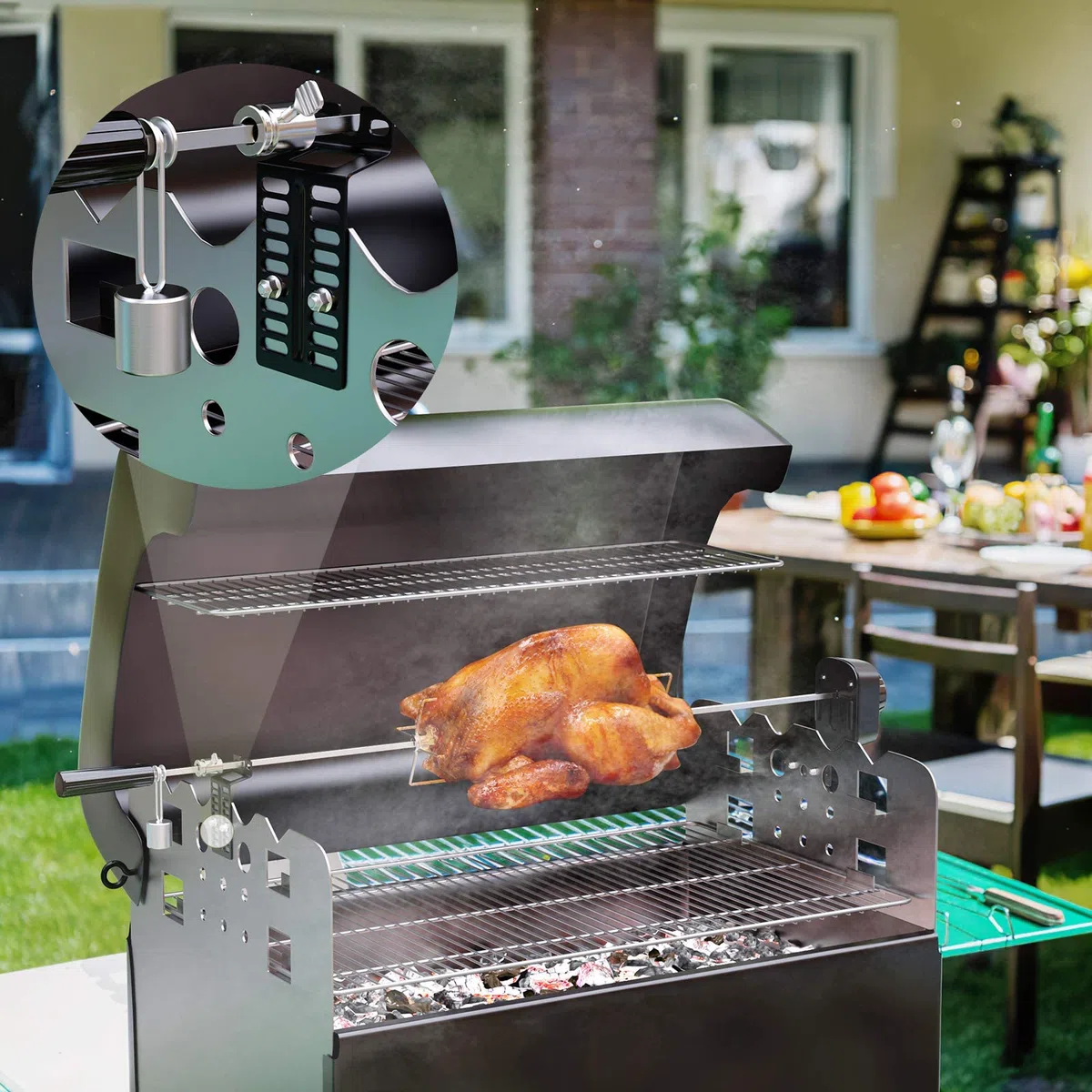 Asador Giratorio Electrico con 2 Agujas de Carne y Motor, Alimentado pour Cable USB y Adaptador, Pincho Asador pour Parrillas de Gas, Carros de Parrilla, Longitud Ajustable 69-137 cm