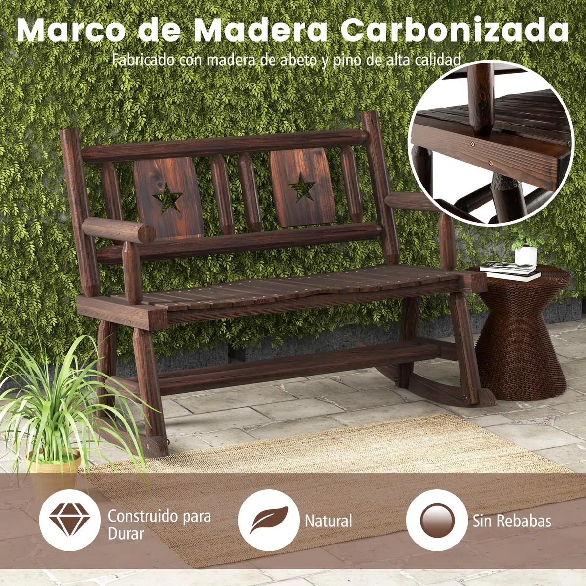 COSTWAY Banco Mecedora Jardin Exterior de 2 Plazas, Banco Madera Carbonizada con Respaldo y Reposabrazos, Banco Jardin Patio Terraza Porche, Carga 320 kg, 111 x 85 x 89 cm, Marrón Rústico