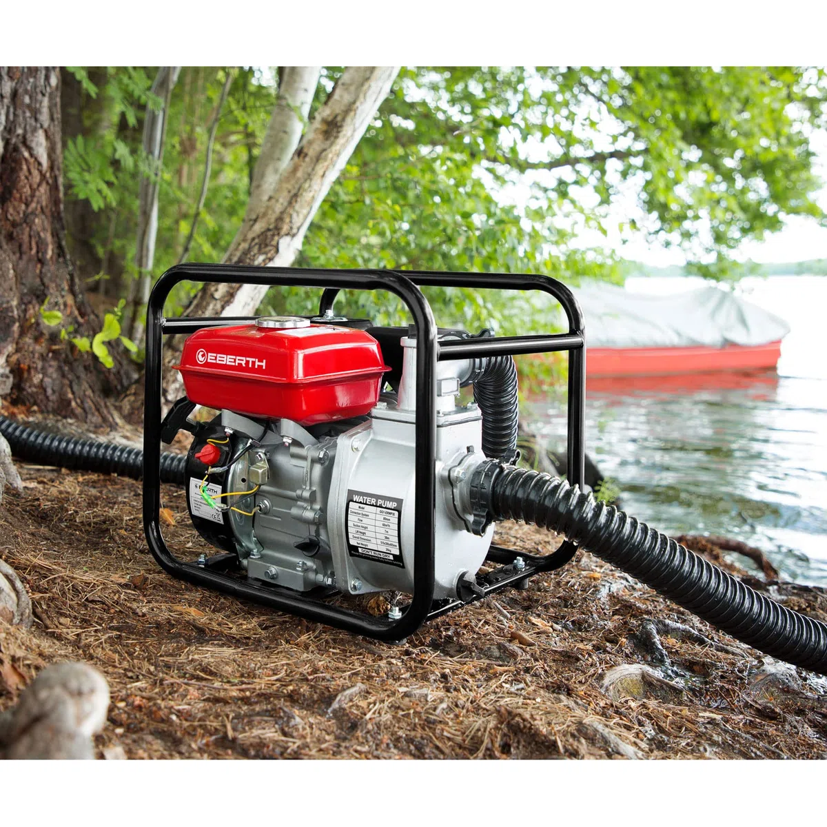 EBERTH Motobomba de agua a gasolina, motor de 4T y 6,5CV, caudal de 60.000l/h, conexión de 3 pulgadas, altura de aspiración de 7m y de impulsión de 30m, arranque por cable y con base metálica