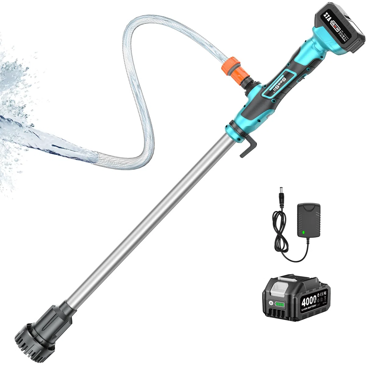 SEESII Bomba de agua inalámbrica en bastón, batería 4000 mAh 21V, 720 GPH, elevación 32 pies, salida 3/4". Ideal para drenaje de piscinas, jardines, estanques, RV y barcos. Ligera y portátil