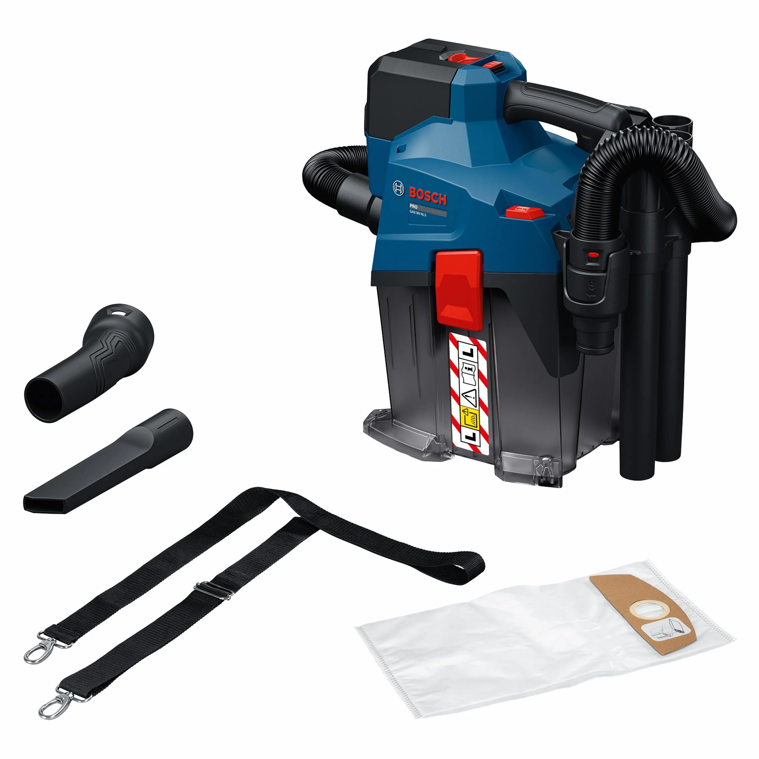 Bosch PRO 18V System Aspirador a batería GAS18V-6LS (incl. manguera flexible, tubo acodado, boquilla para hendiduras, boquilla para suelos, adaptador PT, tubos, bolsa de muletón)